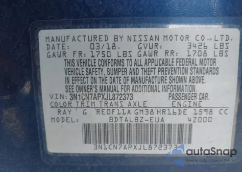 2018 Nissan Versa 1.6 Sv из США, поврежденный, VIN 3N1CN7APXJL872373